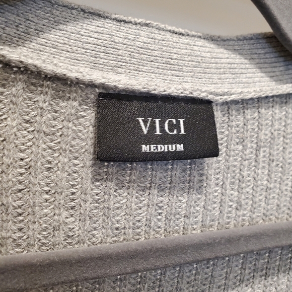 Vici Mindy Gray Button Front Distressed Cotton Ribbed Knit Cardigan Sweater - Picture 9 of 10